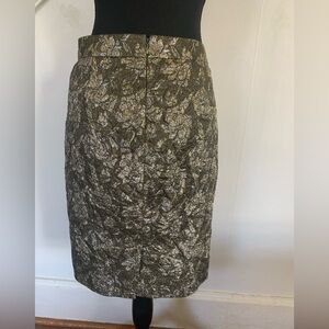Like New J. Crew Green and Gold Floral Brocade Pencil Skirt